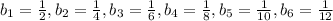 b_{1}= \frac{1}{2} , b_{2}=\frac{1}{4}, b_{3}=\frac{1}{6}, b_{4}=\frac{1}{8}, b_{5}=\frac{1}{10}, b_{6}=\frac{1}{12}