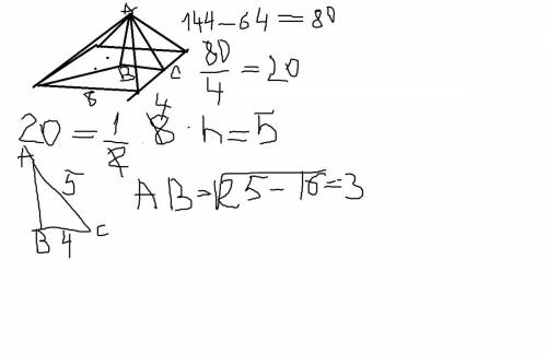 Площадь полной поверхности правильного четырёхугольной пирамиды равно 144, а сторона основания равно