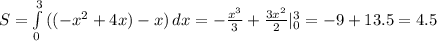 S= \int\limits^3_0 {((-x^2+4x)-x)} \, dx =- \frac{x^3}{3} + \frac{3x^2}{2} |_0^3=-9+13.5=4.5