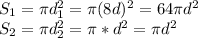 S_1=\pi d_1^2= \pi (8d)^2=64 \pi d^2\\S_2= \pi d_2^2= \pi*d^2=\pi d^2