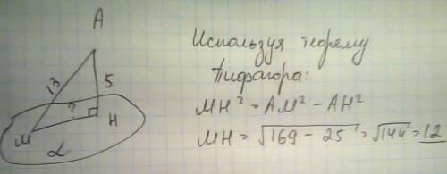 Из точки а проведены плоскости альфа перпендикуляр ah=5 и наклонная am=13.найдите проекцию наклонной