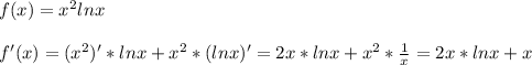 f(x)=x^2 lnx \\ \\ &#10;f'(x)=(x^2)'* lnx+x^2*(lnx)'=2x*lnx+x^2* \frac{1}{x} =2x*lnx+x