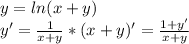 y=ln(x+y)\\&#10; y'=\frac{1}{x+y}*(x+y)'=\frac{1+y'}{x+y}