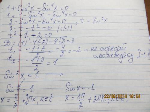 Решить уравнение : 1+cos^2(x)-sin^4(x)