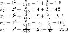 x_1=1^2+ \frac{3}{1+5}=1+ \frac{3}{6}=1.5 \\ x_2=2^2+ \frac{3}{2+5}=4+ \frac{3}{7}= 4\frac{3}{7} \\ x_3=3^2+ \frac{3}{3+5}=9+ \frac{3}{15}=9.2 \\ x_4=4^2+ \frac{3}{4+5}=16+ \frac{3}{9}=16 \frac{1}{3} \\ x_5=5^2+ \frac{3}{5+5}=25+ \frac{3}{10}=25.3