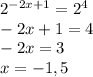 2^{-2x + 1} = 2^4 \\ -2x +1 = 4 \\ -2x = 3 \\ x = -1,5