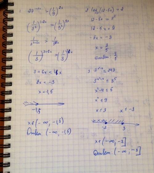 1) 27 в степени 1+2х больше чем (1/9) в степени 2+х 2) log по основанию 3 разности чисел (12-5х)=2 3