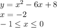 y=x^2-6x+8 \\ x=-2 \\ -1 \leq x \leq 0 \\ \\