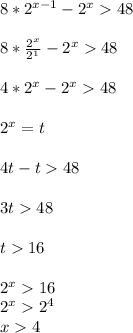 8*2^{x-1}-2^{x}48 \\ \\ &#10;8* \frac{2^x}{2^1} -2^{x}48 \\ \\ &#10;4* 2^x -2^{x}48 \\ \\ &#10;2^x=t \\ \\ &#10;4t-t48 \\ \\ &#10;3t48 \\ \\ &#10;t16 \\ \\ &#10;2^x16 \\ 2^x2^4 \\ x4