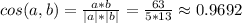 cos(a,b)= \frac{a*b}{|a|*|b|} = \frac{63}{5*13 } \approx0.9692