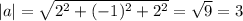 |a|= \sqrt{2 ^{2}+(-1) ^{2} +2 ^{2} } = \sqrt{9} =3