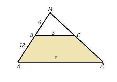 Продолжения боковых сторон ab и cd трапеции abcd пересекаются в точке m. меньшее основание bc равно