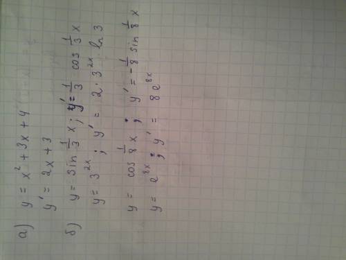 Найти производную функции а) y=x^2+3x+4 y штрих б) y=sin1/3x ; y=3^2x ; y=cos1/8x ; y=e^8x в) найти