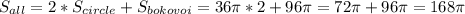 S_{all}=2*S_{circle}+S_{bokovoi}=36\pi*2+96\pi=72\pi+96\pi=168\pi