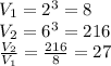 V _{1} =2 ^{3} =8 \\ V _{2} =6 ^{3} =216 \\ \frac{V _{2} }{V _{1} } = \frac{216}{8} =27