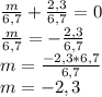 \frac{m}{6,7} + \frac{2,3}{6,7} =0 \\ \frac{m}{6,7} = - \frac{2,3}{6,7} \\ m = \frac{-2,3*6,7}{6,7} \\ m= -2,3