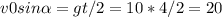 v0sin \alpha =gt/2=10*4/2=20