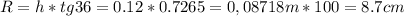 R=h*tg36=0.12*0.7265=0,08718 m*100=8.7 cm