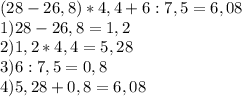 (28-26,8) * 4,4 + 6 :7,5 = 6,08\\ 1) 28-26,8=1,2 \\ 2)1,2*4,4=5,28 \\ 3)6:7,5=0,8 \\ 4)5,28+0,8=6,08