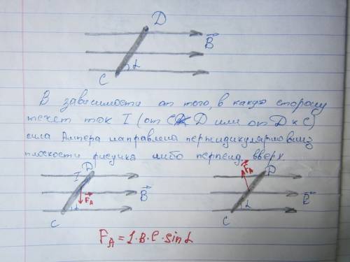 Проводник длиной 60 см, по которому протекает ток 2а, помещен в магнитное поле под углом 45 градусов