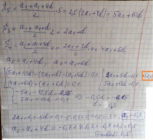 Найти пятый член арифмитической прогрессии, в которой s5-s2-a5=0,1 s4+a7=0,1