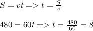 S=vt =t= \frac{S}{v} \\ \\ 480=60t=t= \frac{480}{60} =8