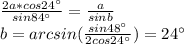 \frac{2a*cos24а}{sin84а}=\frac{a}{sinb}\\&#10;b=arcsin(\frac{sin48а}{2cos24а})=24а\\\\&#10;&#10;