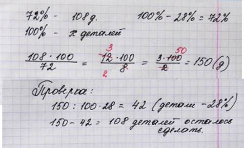 Когда работник выполнил 28% нормы.ему осталось выполнить 108 деталей. сколько деталей норма.?