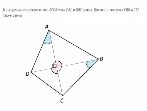 Ввыпуклом четырехугольнике авсд углы дас и двс равны. докажите, что углы сдв и сав также равны.