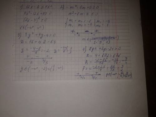 1)12x-9< =(меньше или равно)4x^2 2)-m^2-8m+9> =(больше или равно) 0 3)3y^2+4y-4> 0 4)8p^2+2