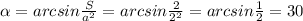 \alpha =arcsin \frac{S}{a^2} =arcsin \frac{2}{2^2} =arcsin \frac{1}{2} =30