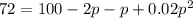 72=100-2p-p+0.02p^{2}