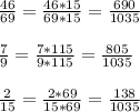 \frac{46}{69} = \frac{46*15}{69*15}= \frac{690}{1035} \\ \\ \frac{7}{9}= \frac{7*115}{9*115}= \frac{805}{1035} \\ \\ \frac{2}{15} = \frac{2*69}{15*69}= \frac{138}{1035}