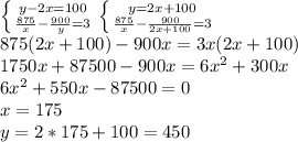 \left \{ {{y-2x=100} \atop {\frac{875}{x}- \frac{900}{y} =3}} \right. \left \{ {{y=2x+100} \atop {\frac{875}{x}- \frac{900}{2x+100} =3}} \right. \\ 875(2x+100)-900x=3x(2x+100) \\ 1750x+87500-900x=6x^2+300x \\ 6x^2+550x-87500=0 \\ x=175 \\ y=2*175+100=450