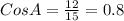 CosA= \frac{12}{15} =0.8