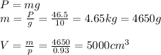 P=mg \\ m= \frac{P}{g} = \frac{46.5}{10} =4.65 kg=4650 g \\ \\ V= \frac{m}{p} = \frac{4650}{0.93} =5000 cm^3