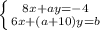 \left \{ {{8x+ay=-4} \atop {6x+(a+10)y=b}} \right.