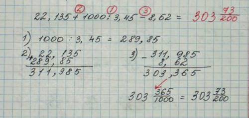 Сколько будет 22.135+1000/3.45-8.62 и ответ перевести в смешаное число