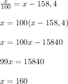 \frac{x}{100}=x-158,4\\\\x=100(x-158,4)\\\\x=100x-15840\\\\99x=15840\\\\x=160