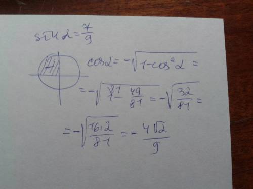 Sin a =7/9 , a - принадледит 2 четверти, cos-?