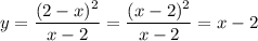 y= \dfrac{(2-x)^2}{x-2}=\dfrac{(x-2)^2}{x-2}=x-2