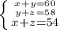 \left \{ {{x+y=60} \atop {y+z=58}}\atop {x+z=54} \right.