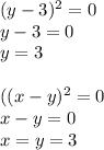 (y-3) ^{2}= 0\\y-3=0\\y=3\\\\((x-y)^2=0\\x-y=0\\x=y=3