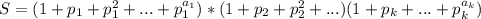 S=(1+p_{1}+p_{1}^2+...+p_{1}^{a_{1}})*(1+p_{2}+p_{2}^2+...)(1+p_{k} + ...+ p_{k}^{a_{k}})