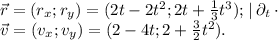 \vec r=(r_x;r_y)=(2t-2t^2;2t+\frac 13 t^3);\left\right| \partial_t\cdot\\ \vec v=(v_x;v_y)=(2-4t;2+\frac 32 t^2).