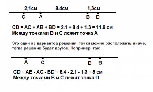 Найдите длину отрезка cd,если ab=8,4см,ac=2,1см,bd=1,3см.какая из данных точек лежит между точками b