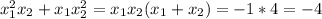 x_{1} ^{2} x_{2}+ x_{1} x_{2} ^2= x_{1} x_{2} ( x_{1}+ x_{2} ) =-1*4=-4