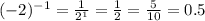 (-2) ^{-1} = \frac{1}{2 ^{1} } = \frac{1}{2} = \frac{5}{10} =0.5