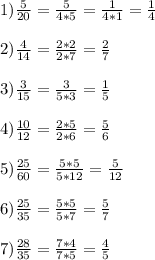 1) \frac{5}{20} = \frac{5}{4*5} = \frac{1}{4*1} = \frac{1}{4} \\ \\ 2) \frac{4}{14} = \frac{2*2}{2*7} = \frac{2}{7} \\ \\ 3) \frac{3}{15} = \frac{3}{5*3} = \frac{1}{5} \\ \\ 4) \frac{10}{12} = \frac{2*5}{2*6} = \frac{5}{6} \\ \\ 5) \frac{25}{60} = \frac{5*5}{5*12} = \frac{5}{12} \\ \\ 6) \frac{25}{35} = \frac{5*5}{5*7} = \frac{5}{7} \\ \\ 7) \frac{28}{35} = \frac{7*4}{7*5} = \frac{4}{5} \\ \\