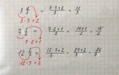 Представьте смешанное число в виде неправильной дроби: 3 2/3, 71/2, 122/7.